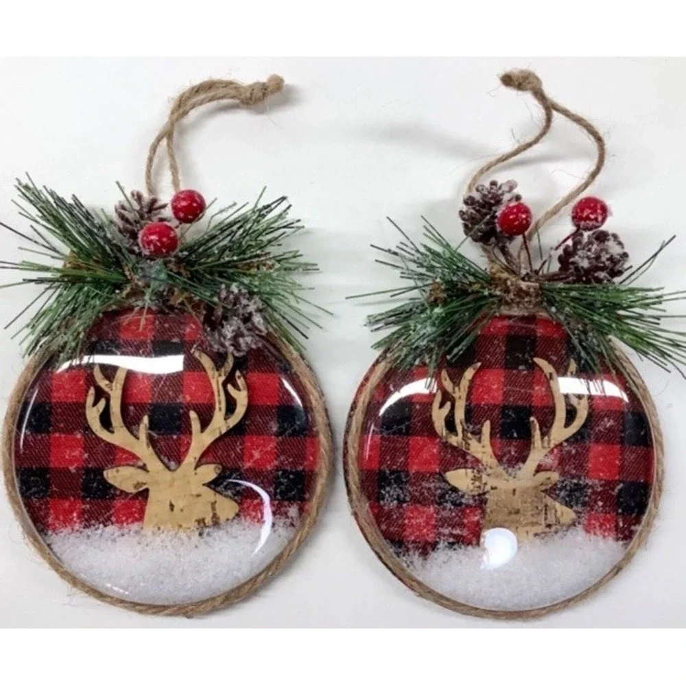 New Set Of 4 Snow Globe Plaid Deer Christmas Ornament Pine‎ Berries Farmhouse 4